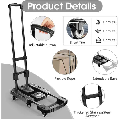 Folding Hand Truck 600lbs – Portable Heavy-Duty 6-Wheel Collapsible Luggage Dolly Cart with 2 Elastic Ropes