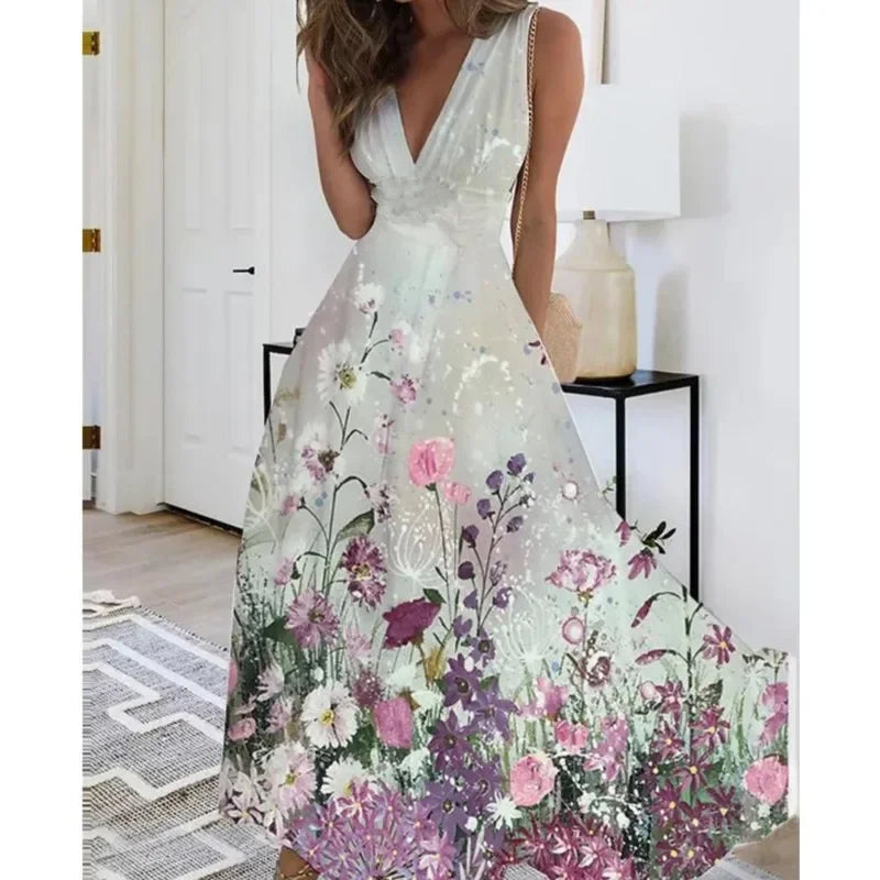 Women's Summer V Neck Maxi Dress - Sleeveless High Waist Elegant Print Dress for Office & Holiday Wear