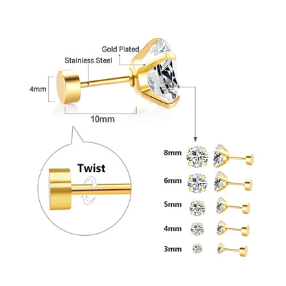 LUXUSTEEL Stainless Steel Crystal Stud Earrings –  4-Prong Cubic Zirconia Round Tragus Earrings for Women & Men