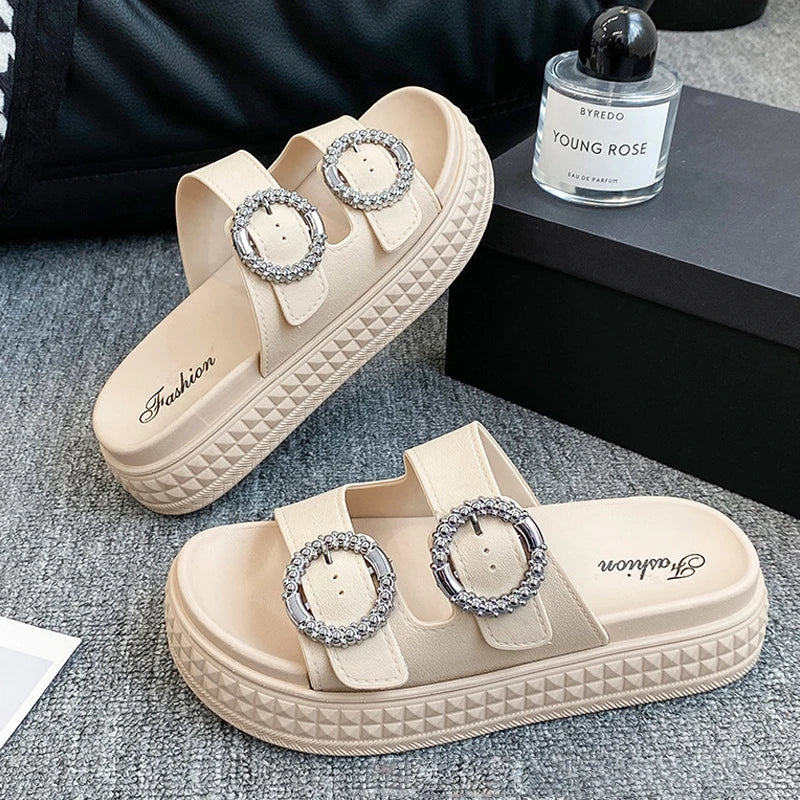 Women’s Thick Sole Sandals – Adjustable Strap Flat Flip Flop Open-Toe Beach Slides for Summer Outdoors