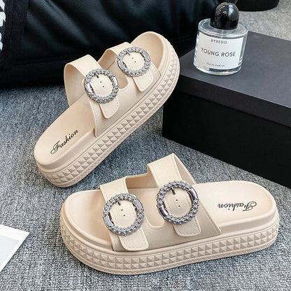 Women’s Thick Sole Sandals – Adjustable Strap Flat Flip Flop Open-Toe Beach Slides for Summer Outdoors