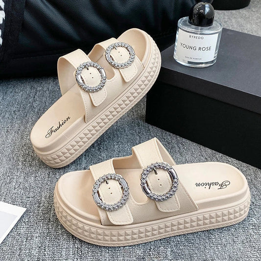 Women’s Thick Sole Sandals – Adjustable Strap Flat Flip Flop Open-Toe Beach Slides for Summer Outdoors