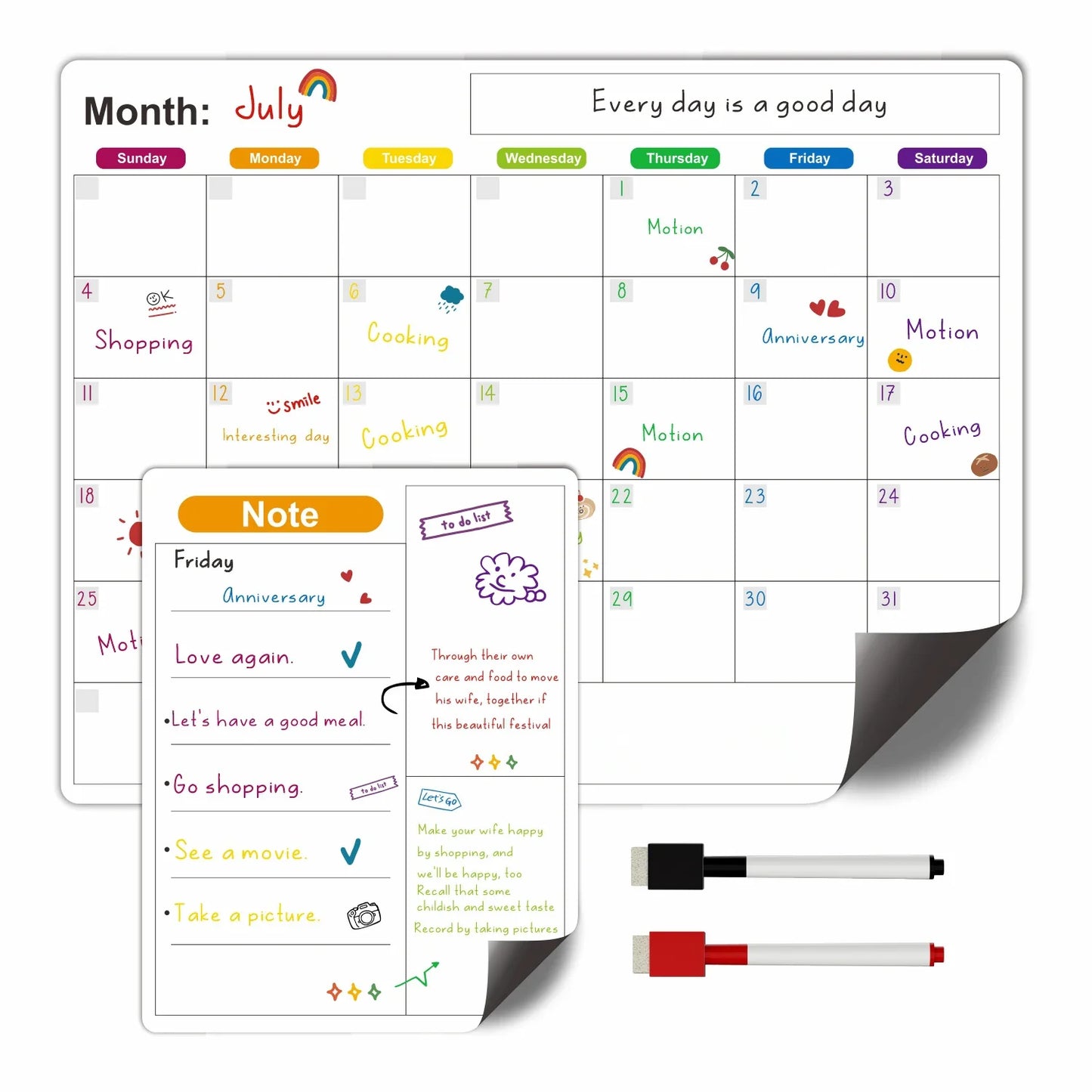 Magnetic Fridge Calendar — Monthly & Weekly Planner Whiteboard with Pen, Dry Erase Message & Sticker Board