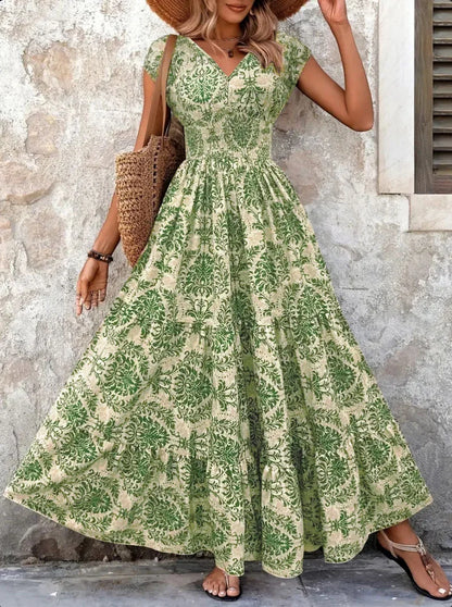 2025 Vintage Printed V-Neck Dress – Elegant Short-Sleeve Jumpsuit with Long Skirt for Women