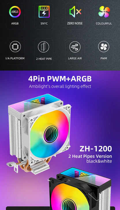 METALFISH ZH1200 CPU Cooler — 2 Heatpipe ARGB Radiator with 4-Pin PWM Silent Fan for Intel LGA 1700/1200/115X/1366/2011 & AMD AM5/AM4/AM3