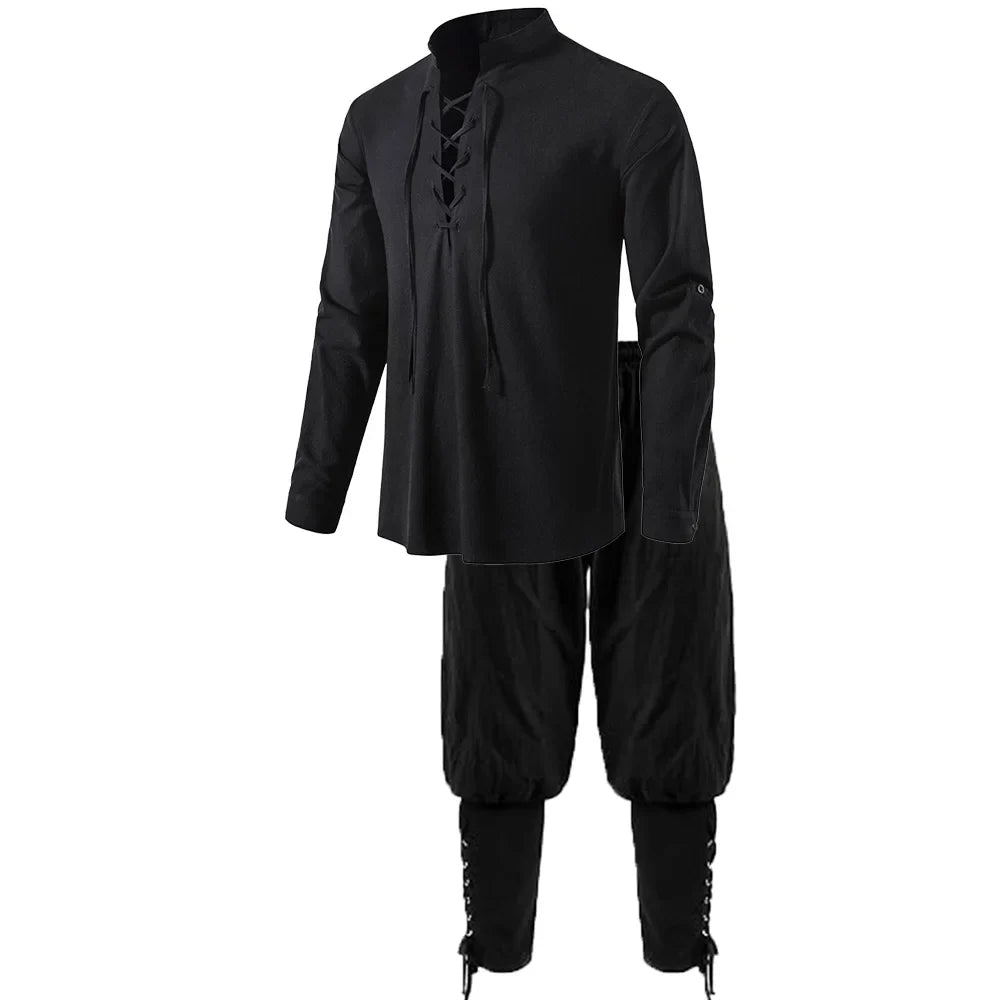 Men's Medieval Knight Costume Set – Renaissance Pirate Shirt & Ankle Pants Halloween Cosplay in Cotton Linen
