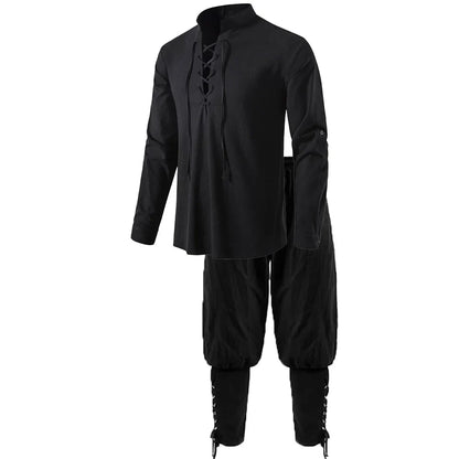 Men's Medieval Knight Costume Set – Renaissance Pirate Shirt & Ankle Pants Halloween Cosplay in Cotton Linen