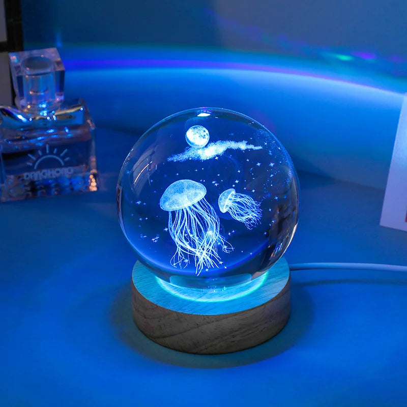 3D Laser Engraved Jellyfish Crystal Ball LED Night Light - Unique Birthday, Christmas & Gift Decor