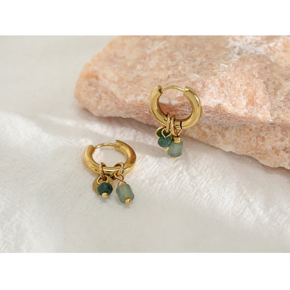 YACHAN 18K Gold-Plated Stainless Steel Hoop Earrings — Vintage Green Stone Charms, Trendy Waterproof Jewelry for Women