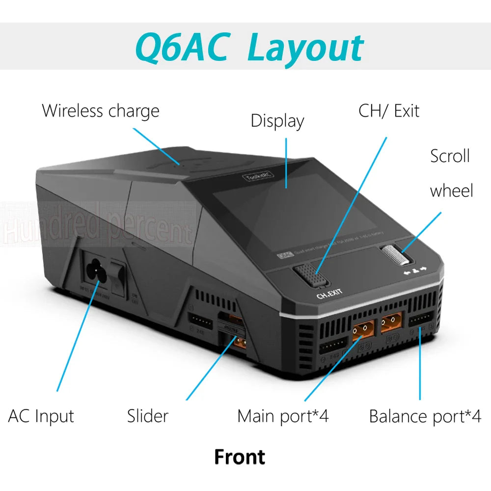 ToolkitRC Q6AC Charger — AC 400W/DC 1000W 4CH with USB A/Type-C, LiPo 1-6S, NiMH 1-16S, PB 1-10S, IPS Display