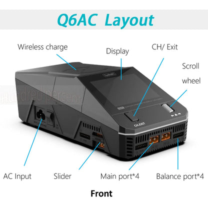 ToolkitRC Q6AC Charger — AC 400W/DC 1000W 4CH with USB A/Type-C, LiPo 1-6S, NiMH 1-16S, PB 1-10S, IPS Display