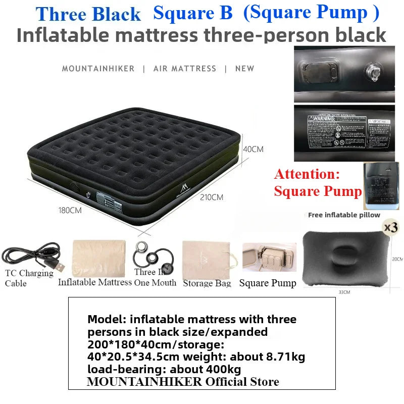 MOUNTAINHIKER 2025 Inflatable Air Mattress – PVC Glamping Sleeping Mat with Built-in Pump for 1-3 Persons