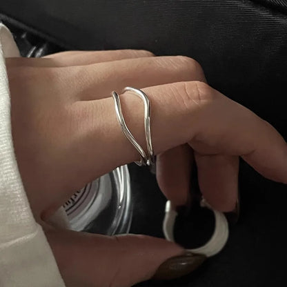 Gold & Silver Irregular Wave Ring — Handmade Geometric Adjustable Jewelry for Women