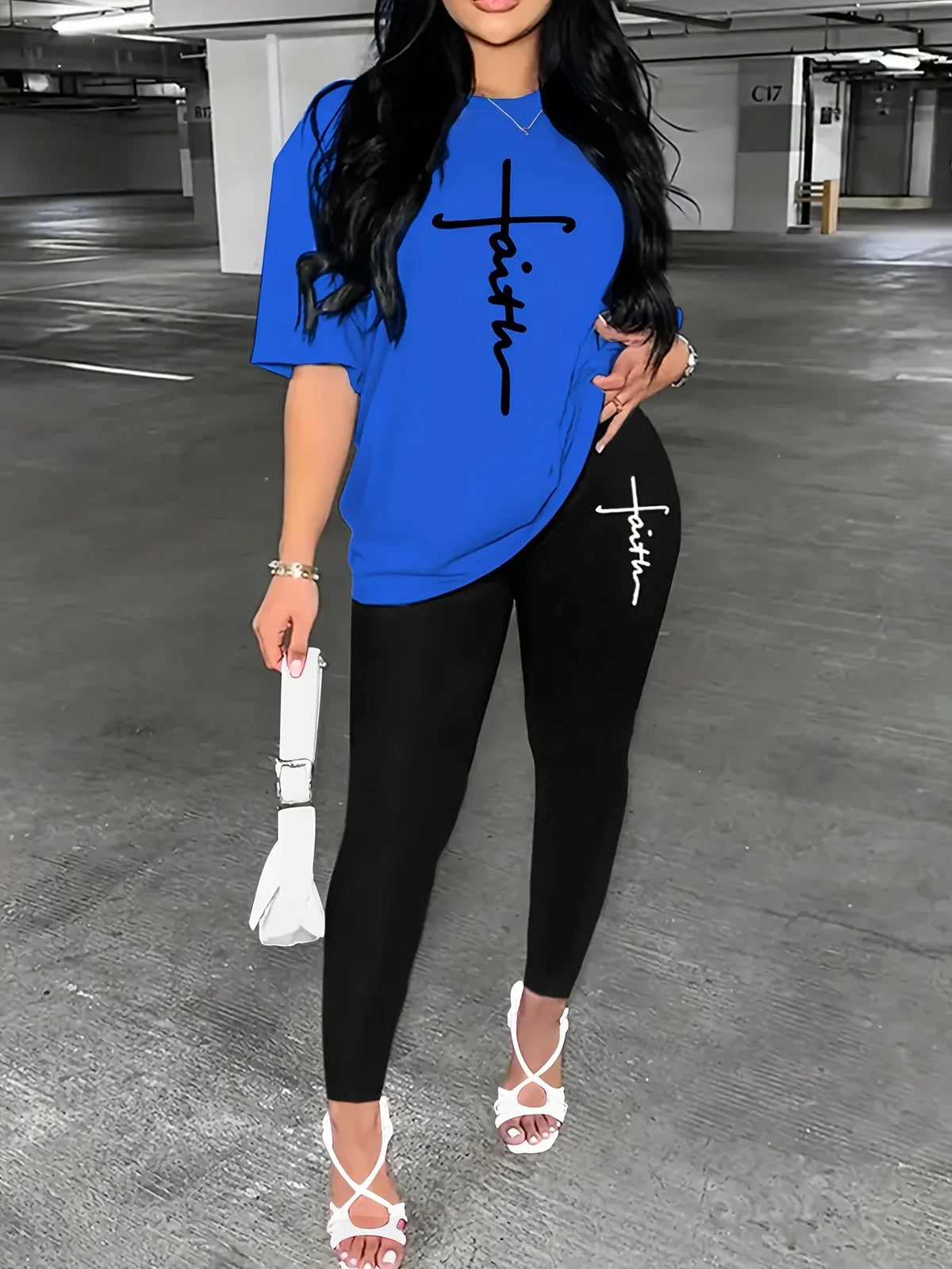 Women’s Plus Size Sports Outfit Set – Abstract Print Long Sleeve T-Shirt Top & Stretch Comfy Fitness Pants Set