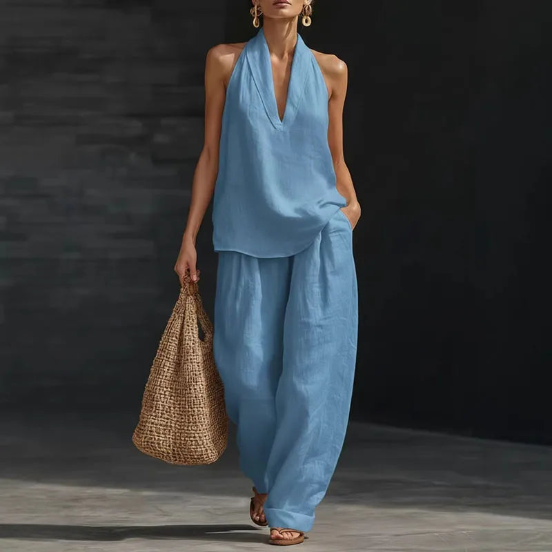 2026 Women’s Spring Retro Cotton Linen Set – Elegant V-Neck Sleeveless Top & Wide-Leg Trousers Summer Outfit