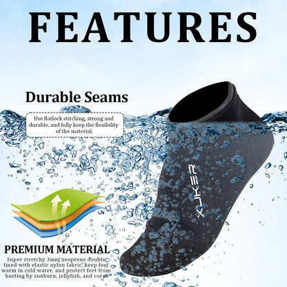 Men’s & Women’s 3mm Neoprene Water Socks - Low Cut Beach, Volleyball, Diving, Swimming, and Kayaking Booties with Flatlock Stitches