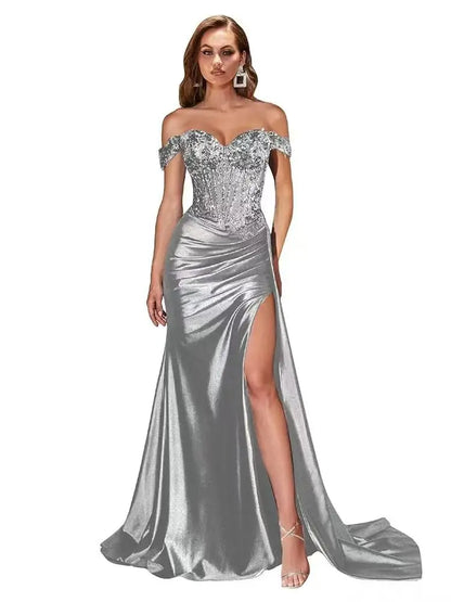 Women’s Dark Navy Off-Shoulder Prom Dress — Sweetheart Beaded Lace Corset Evening Gown with High Side Slit 2025