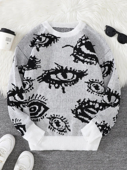 Men's Abstract Eye Jacquard Sweater - Round Neck Knitted Autumn Winter Casual Pullover Top
