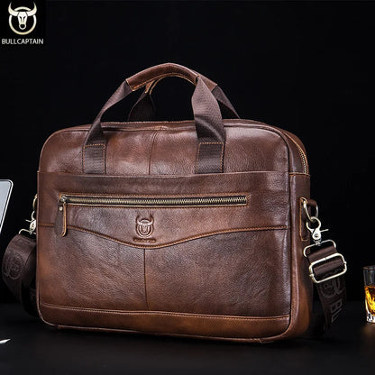 BULLCAPTAIN Men's Genuine Leather Briefcase – 14-Inch Laptop Shoulder Messenger Bag for Business & Office