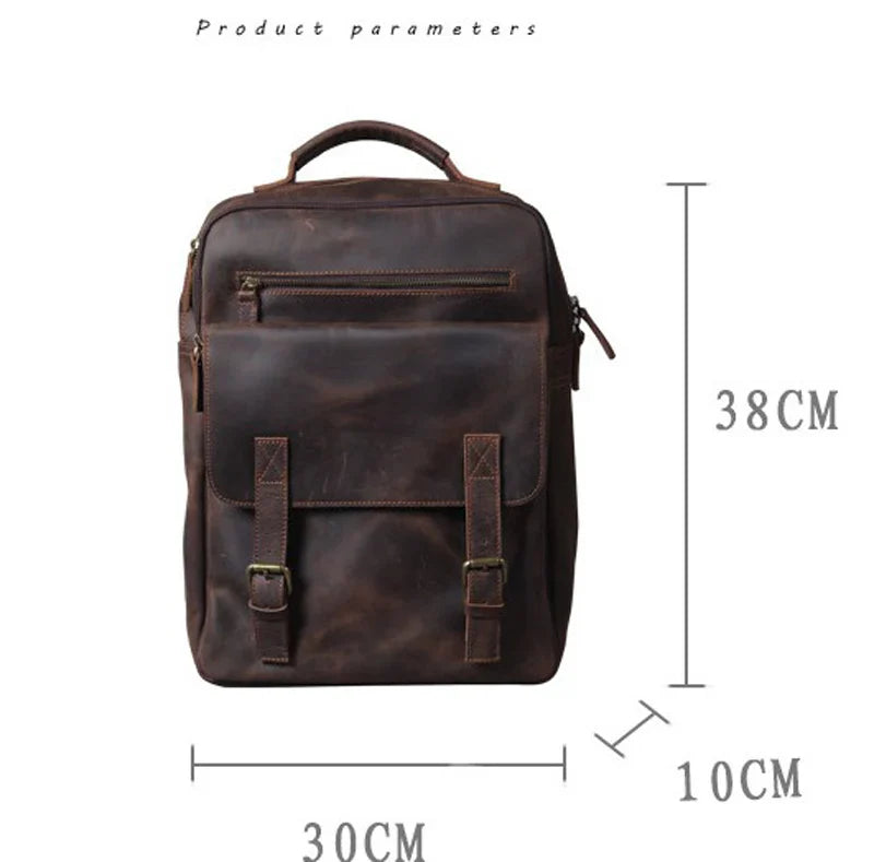 Vintage Crazy Horse Leather Backpack for Men — 17" Laptop Travel Rucksack Cowhide Hiking Bag M815