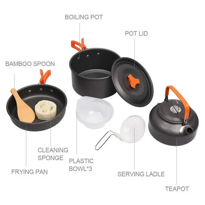 Nonstick Aluminum Camping Cookware Set: Portable Outdoor Tableware for Hiking, BBQ, and Picnics - Includes Kettle, Pot, Cooking Pan, and Bowl