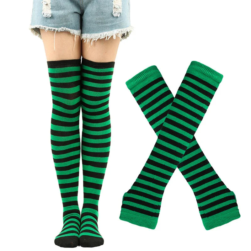 Women’s Over-Knee Long Stripe Socks & Arm Sleeve Gloves – Cute Plus Size Thigh High Cotton Socks