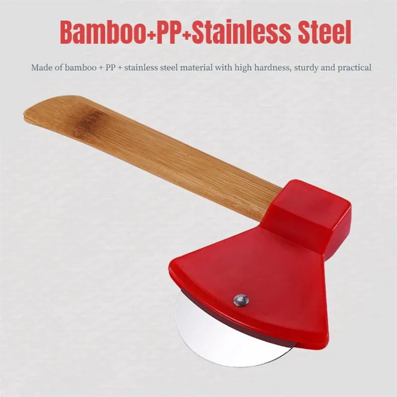 1Pcs Axe-Shaped Stainless Steel Pizza Cutter Wheel - Bamboo Handled Pizza Knife with Rotating Blades - Slicer Roll
