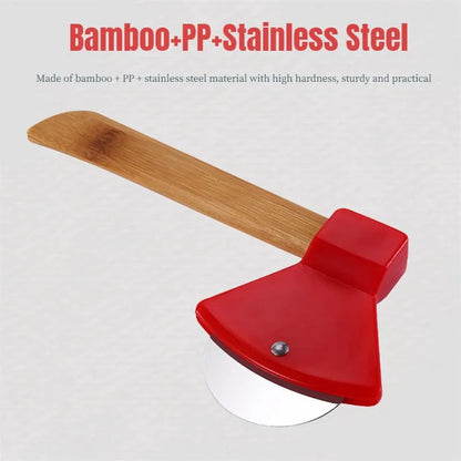 1Pcs Axe-Shaped Stainless Steel Pizza Cutter Wheel - Bamboo Handled Pizza Knife with Rotating Blades - Slicer Roll