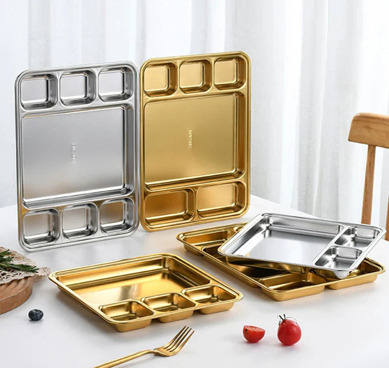 Gold Stainless Steel Divided Dining Plate – Compartment Food Serving Tray Kitchen Tableware