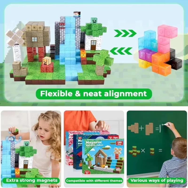 DIY Magnetic Building Blocks Set – Mine World Cube Magnets, STEM Construction Toy for Boys & Girls, Montessori Sensory Gift