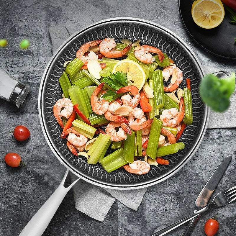 Tri-Ply 316 Stainless Steel Wok Pan with Double-Sided Honeycomb Skillet - Suitable for All Stoves