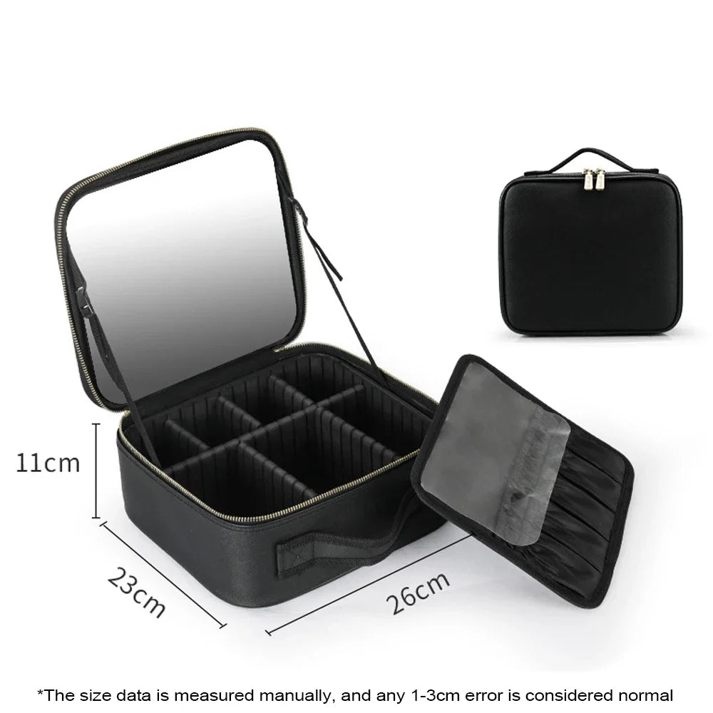 LED Lighted Cosmetic Case with Mirror - PU Leather Portable Travel Makeup Bag - Waterproof Makeup Storage