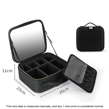 LED Lighted Cosmetic Case with Mirror - PU Leather Portable Travel Makeup Bag - Waterproof Makeup Storage
