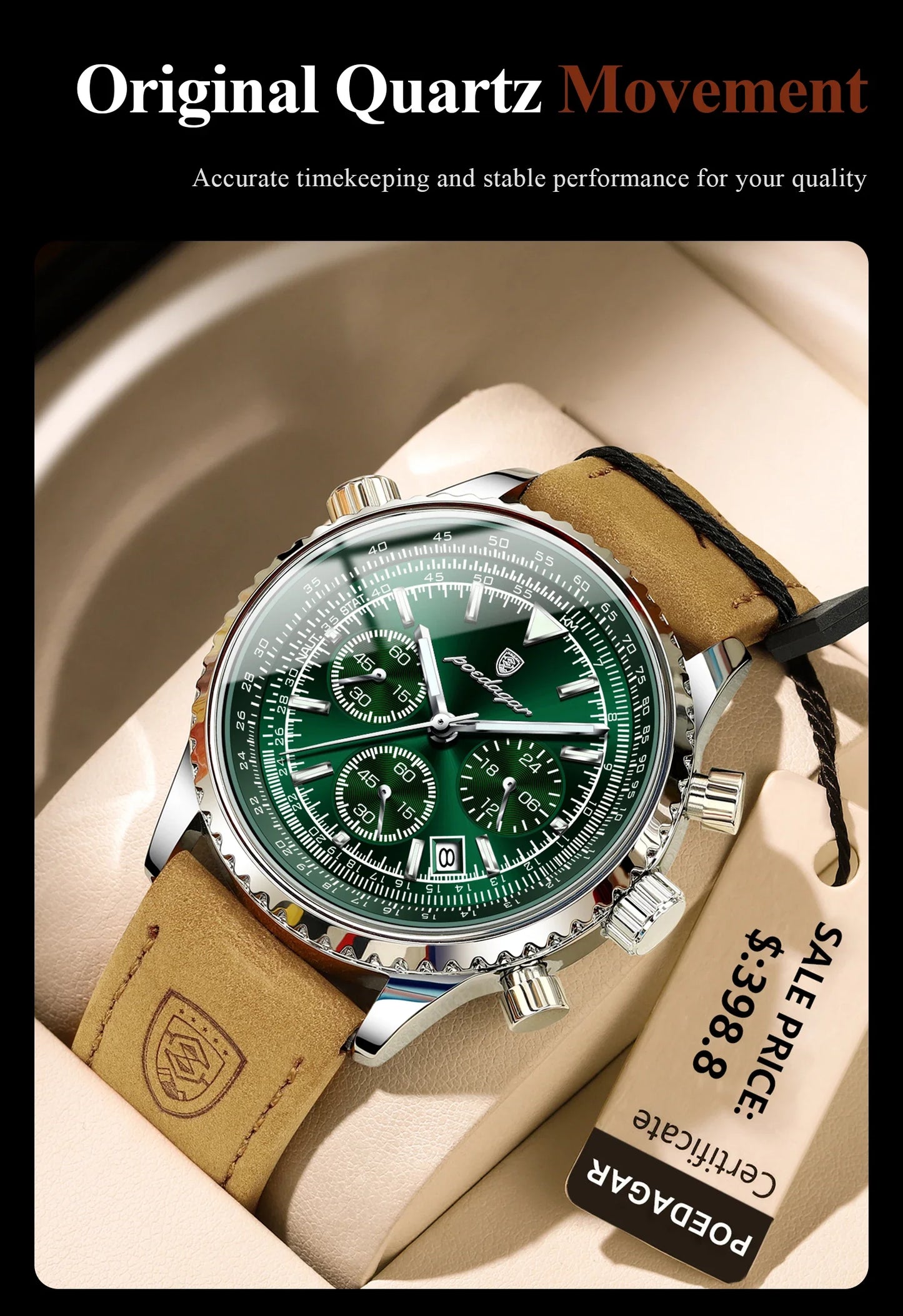 POEDAGAR Luxury Men's Quartz Watch Waterproof Luminous Date Chronograph Leather Military Sports Wristwatch