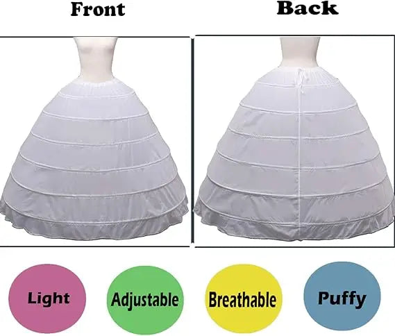 6-Hoop Crinoline Petticoat - White Long Wedding Dress Underskirt for Ball Gowns
