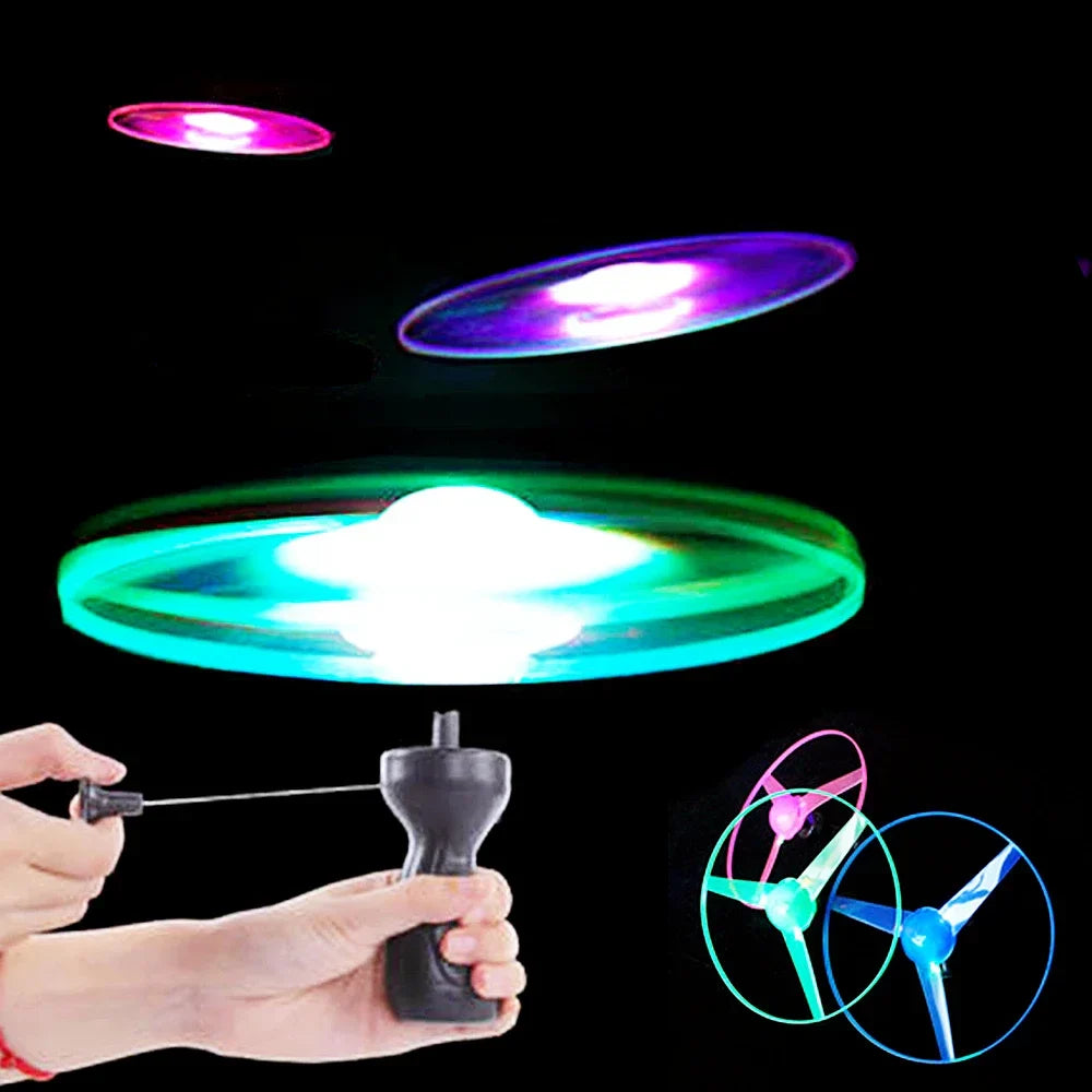 Kids LED Luminous Flying Disc Toy – Pull-String Spinning UFO Propeller Outdoor Game Toy Gift for Fun Sports Play