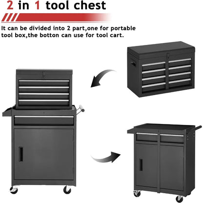 5-Drawer Rolling Tool Chest – Metal Storage Cabinet with Detachable Top Tool Box & Enhanced Packaging