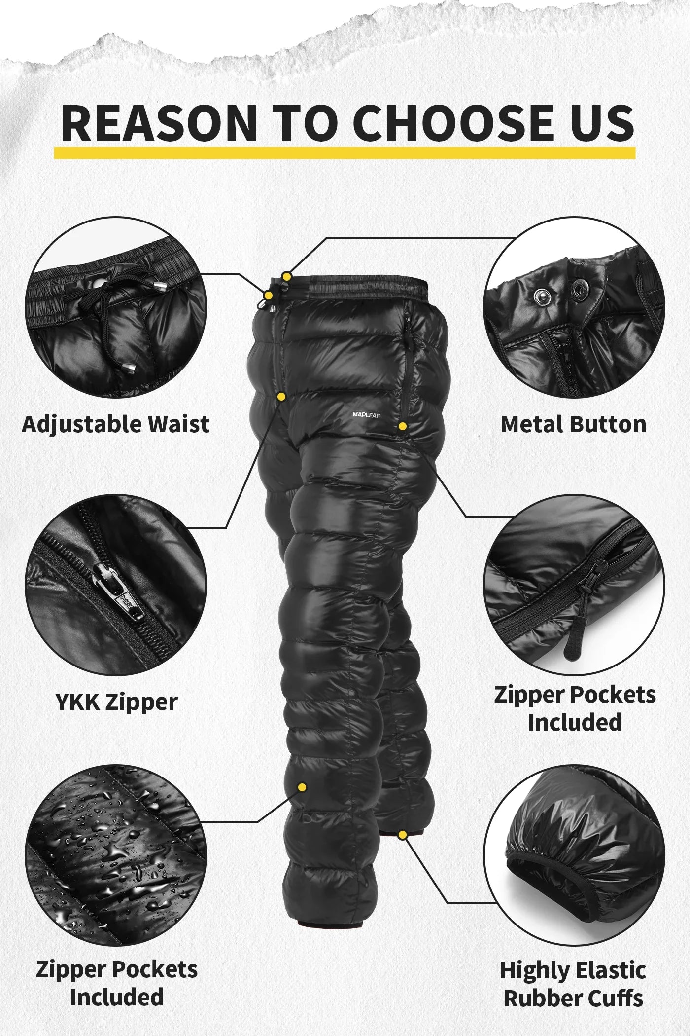 MAPLELEAF Ultralight Down Pants – 800FP Warm Winter Ski, Snow, Windproof & Waterproof Trousers for Camping & Hiking