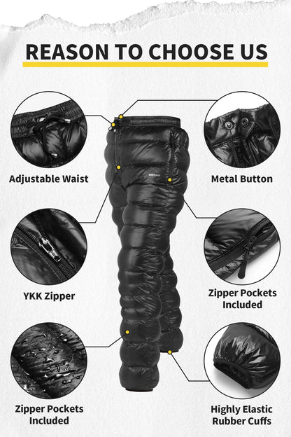 MAPLELEAF Ultralight Down Pants – 800FP Warm Winter Ski, Snow, Windproof & Waterproof Trousers for Camping & Hiking