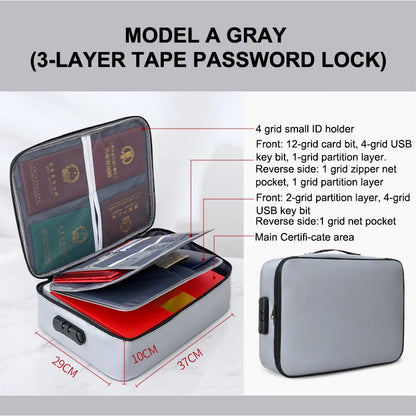 Fireproof Document Password Bag - Travel Waterproof File Money Storage Safe Papers Zipper Safety Organizer Multi-Layer Card Case