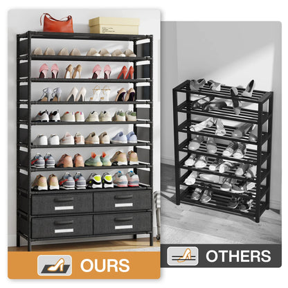 Tribesigns 10-Tier Shoe Rack Organizer – Vertical Shoe Shelf with 4 Drawer Bins, Holds 32 Pairs for Closet & Entryway