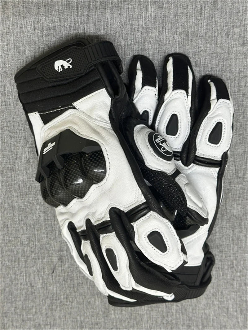 Motorcycle Gloves – Black Racing Genuine Leather, White Road Riding Team Gloves for Men, Summer & Winter with Touch Screen Compatibility