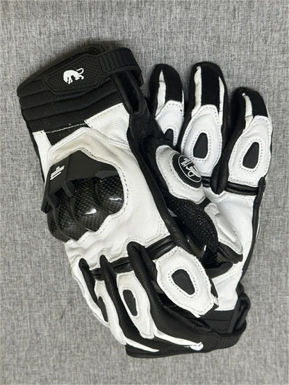 Motorcycle Gloves – Black Racing Genuine Leather, White Road Riding Team Gloves for Men, Summer & Winter with Touch Screen Compatibility