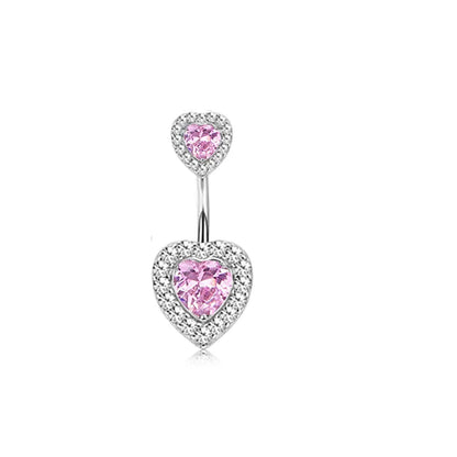 Pink Crown Belly Button Ring – Stainless Steel Heart Navel Piercing Barbell with Crystal for Women & Girls