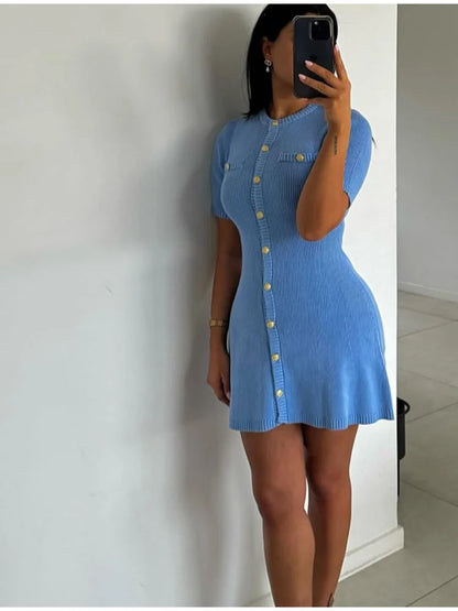 2025 New Women’s Knit Slim Mini Dress – Elegant Single-Breasted Solid Color Office & Daily Commuting Vestido