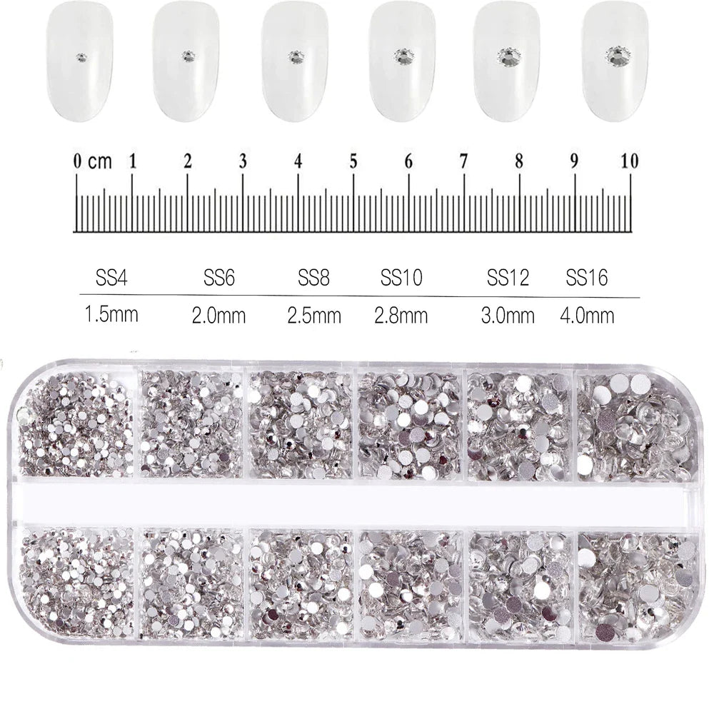 12-Grid 3D Glass AB Crystal Nail Art Rhinestones Kit – Flatback Round Beads with Tools for Nail Jewelry & Diamond Decoration