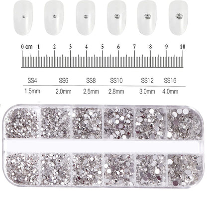 12-Grid 3D Glass AB Crystal Nail Art Rhinestones Kit – Flatback Round Beads with Tools for Nail Jewelry & Diamond Decoration