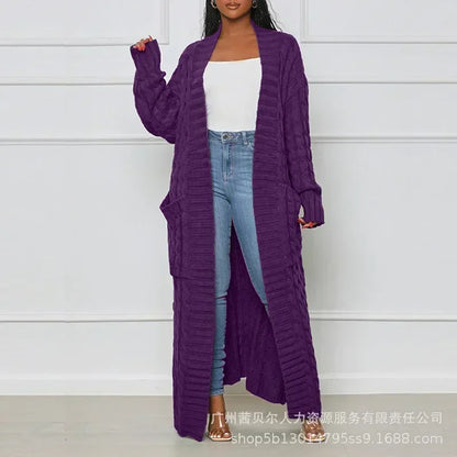 Open Front Cable Knit Longline Cardigan for Women – Long Sleeve, Loose Fit, Casual Fashion Knitwear, Solid Color