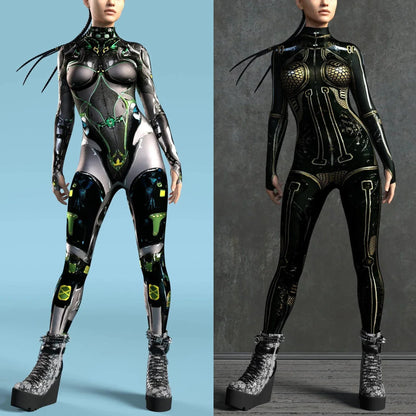 Women's Cyberpunk Mechanical Catsuit - 3D Zipper Cosplay Zentai Bodysuit for Halloween & Costume Parties
