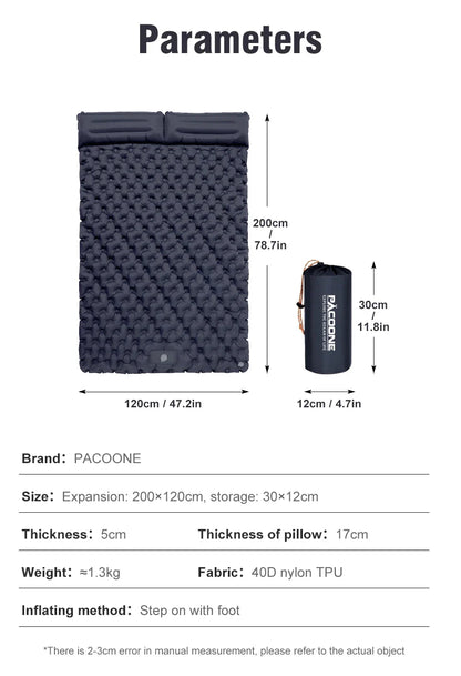 PACOONE Outdoor Camping Double Inflatable Mattress - Extra Wide Ultralight Folding Sleeping Pad